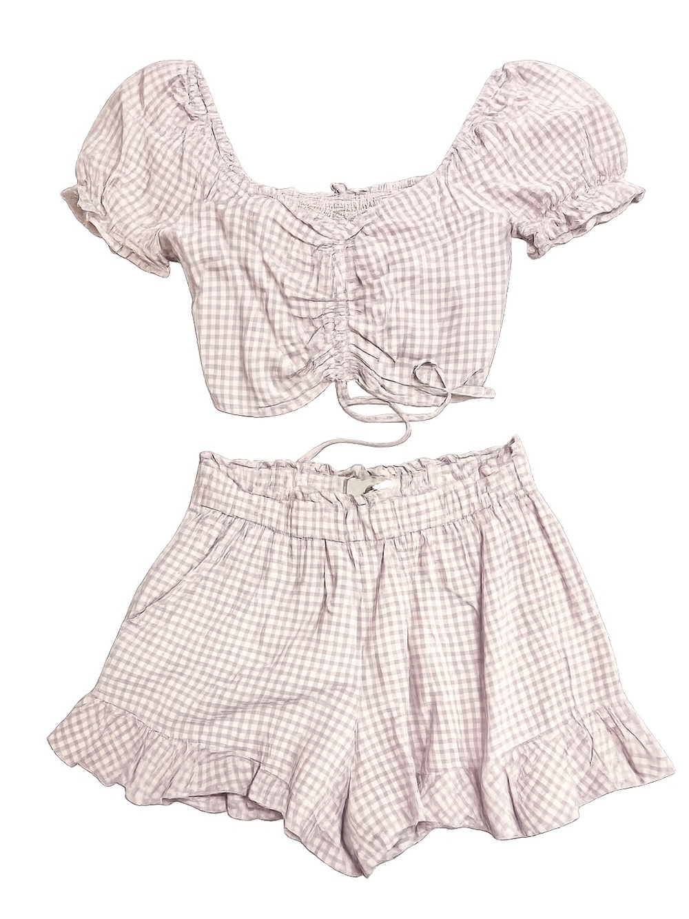 Hollister Lavender Gingham Elastic Waist Skirt set with matching crop shirt
